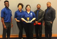 (Pictured l. to. r.) Stephen Adasonla, Meghan Sowersby, Meredith Morrison (Captain), Jesse Lucas, and Dr. Clyde Ledbetter (Coach), Cheyney University's 2017 Honda Campus All Star Challenge (HCASC) Varsity Team.