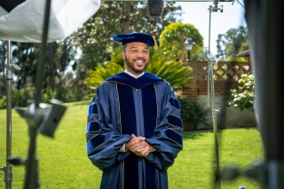 D’Artagnan Scorza filming his address to the UCLA College’s class of 2021. Photo Credit: Mike Baker/UCLA