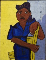 William Henry Johnson (American, 1901–1970). Woman in Blue, c. 1943. Oil on burlap. Framed: 35 × 27 in. (88.9 × 68.6 cm). Clark Atlanta University Art Museum, Permanent Loan from the National Collection of Fine Art, 1969.013. Courtesy Clark Atlanta Univ.