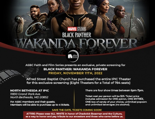 (BPRW) Alfred Street Baptist Church Buys Out Eight Showings of Wakanda Forever for a Members Only Red Carpet Private Viewing on Friday, November 11 from 6pm -7pm at IPIC North Bethesda Theatre | Press releases